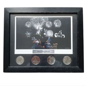 Disney World Framed Coins Lithography Set 4 Parks One World Black Silver Collect